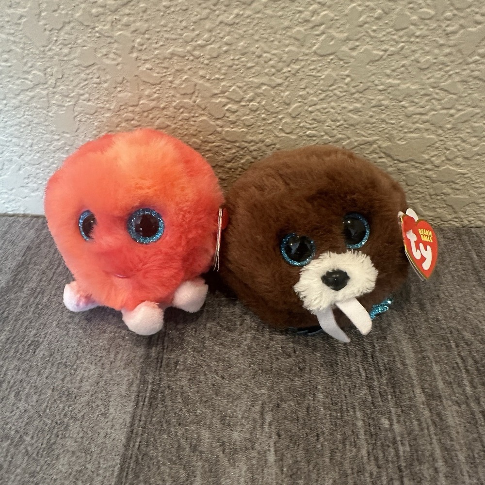 New Lot of 2 Ty Puffies & Ty Beanie Balls -Sheldon Octopus & Hank The Walrus